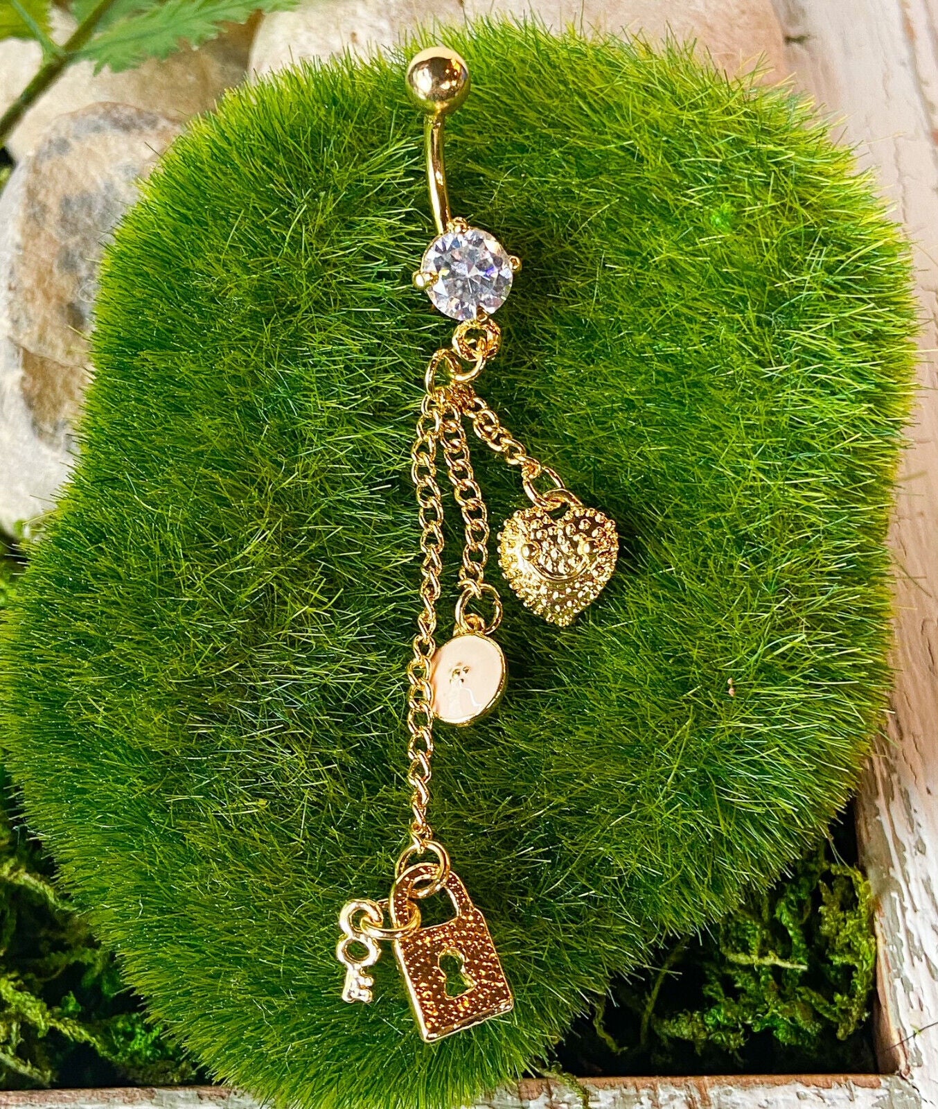 Gold Lock & Key Heart Charm Belly Ring Navel Piercing Pierced Naval