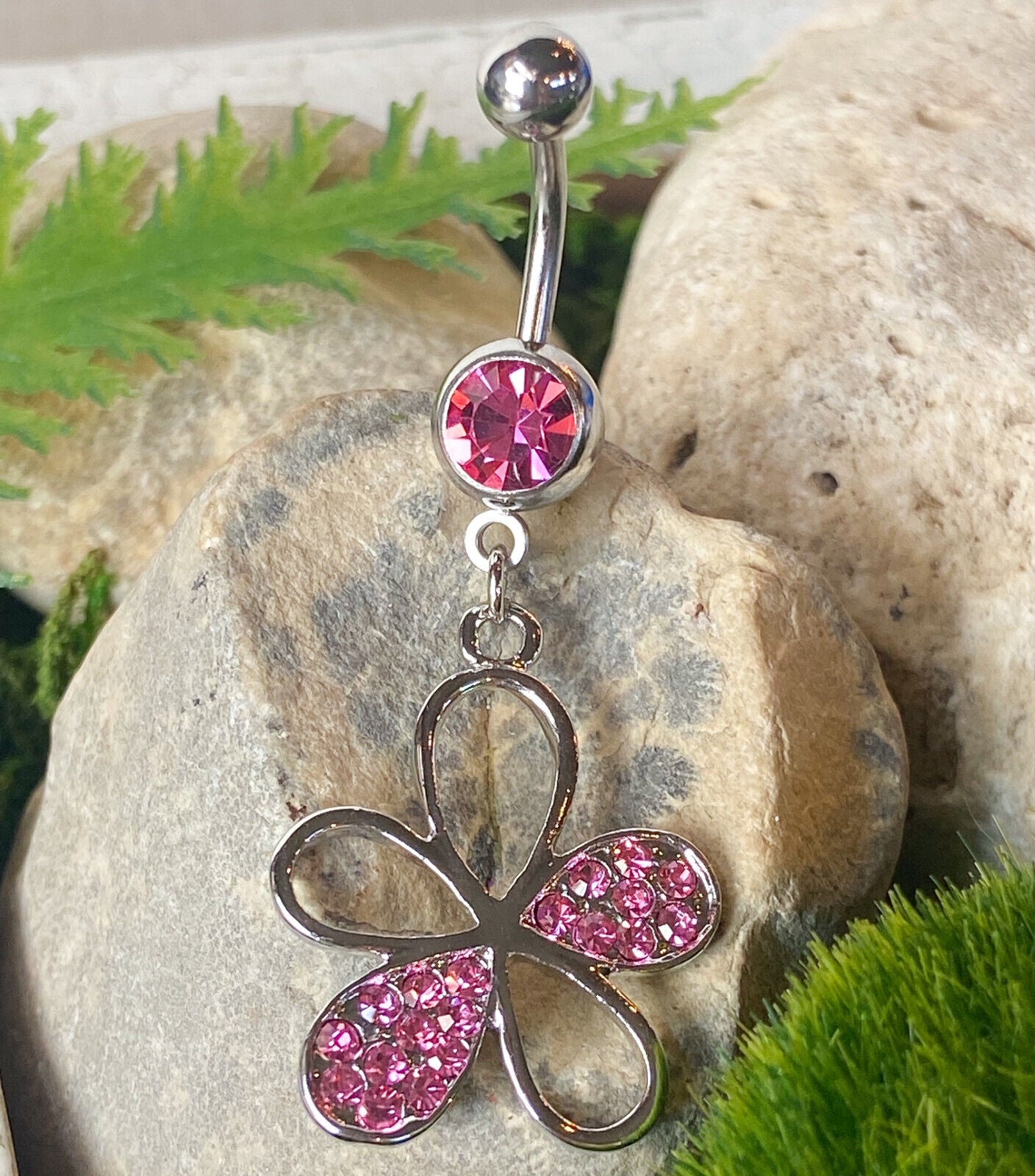Flower Pink Gem Dangle Belly Ring Navel Piercing Pierced Naval