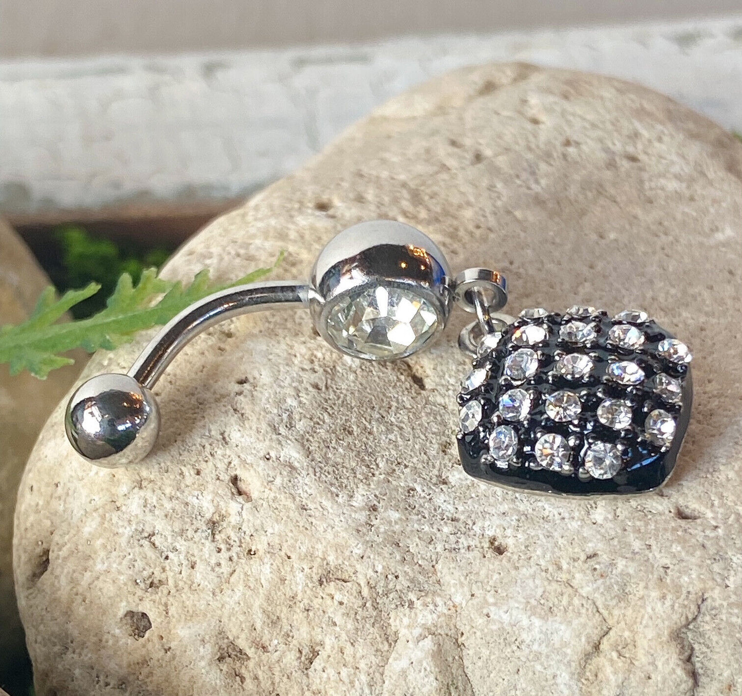 Square Black Clear Gem Belly Ring Navel Piercing Pierced Naval