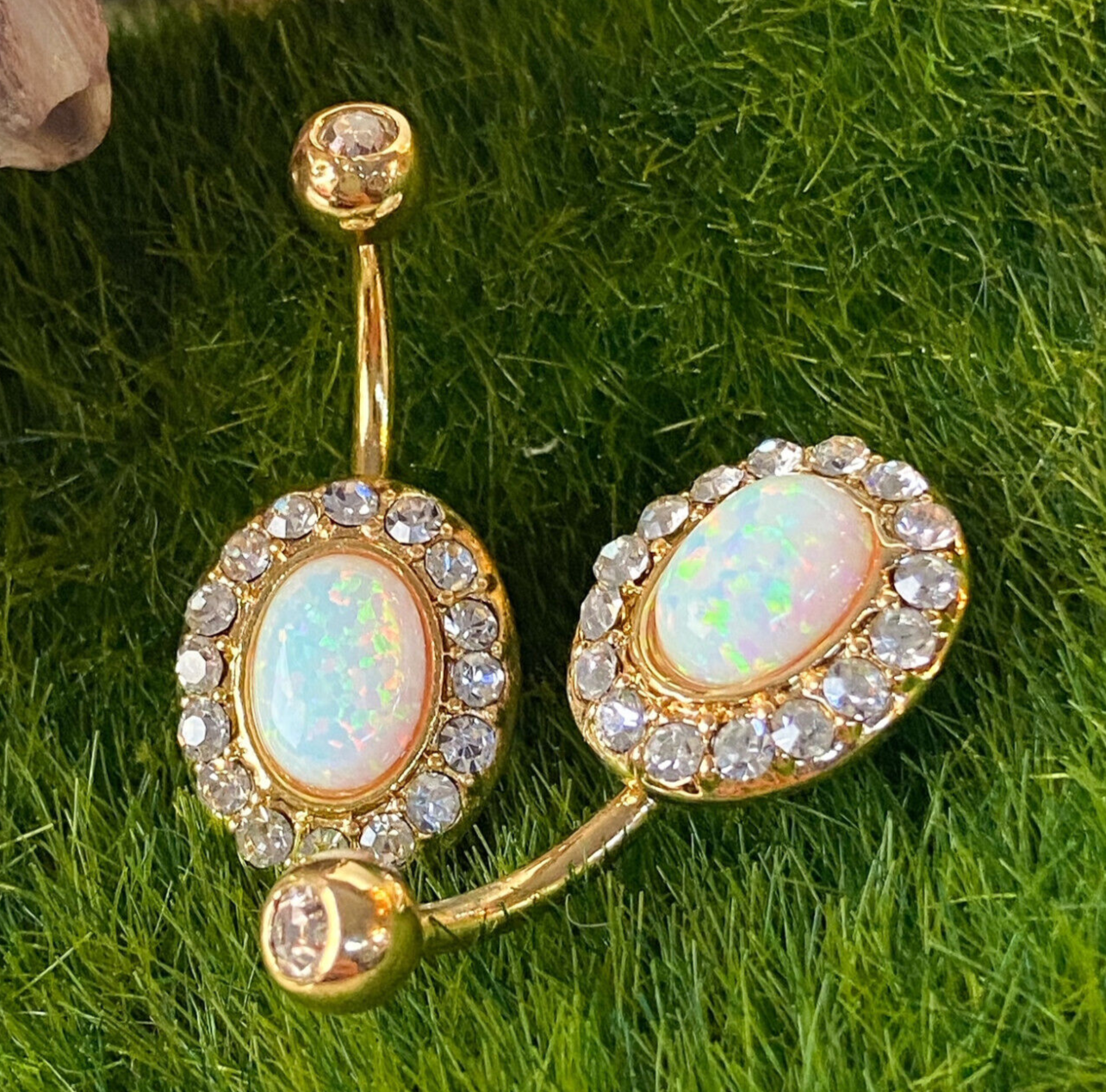 Opal Center Multi-Gem Paved Gold Plated Belly Ring Navel (w1301)