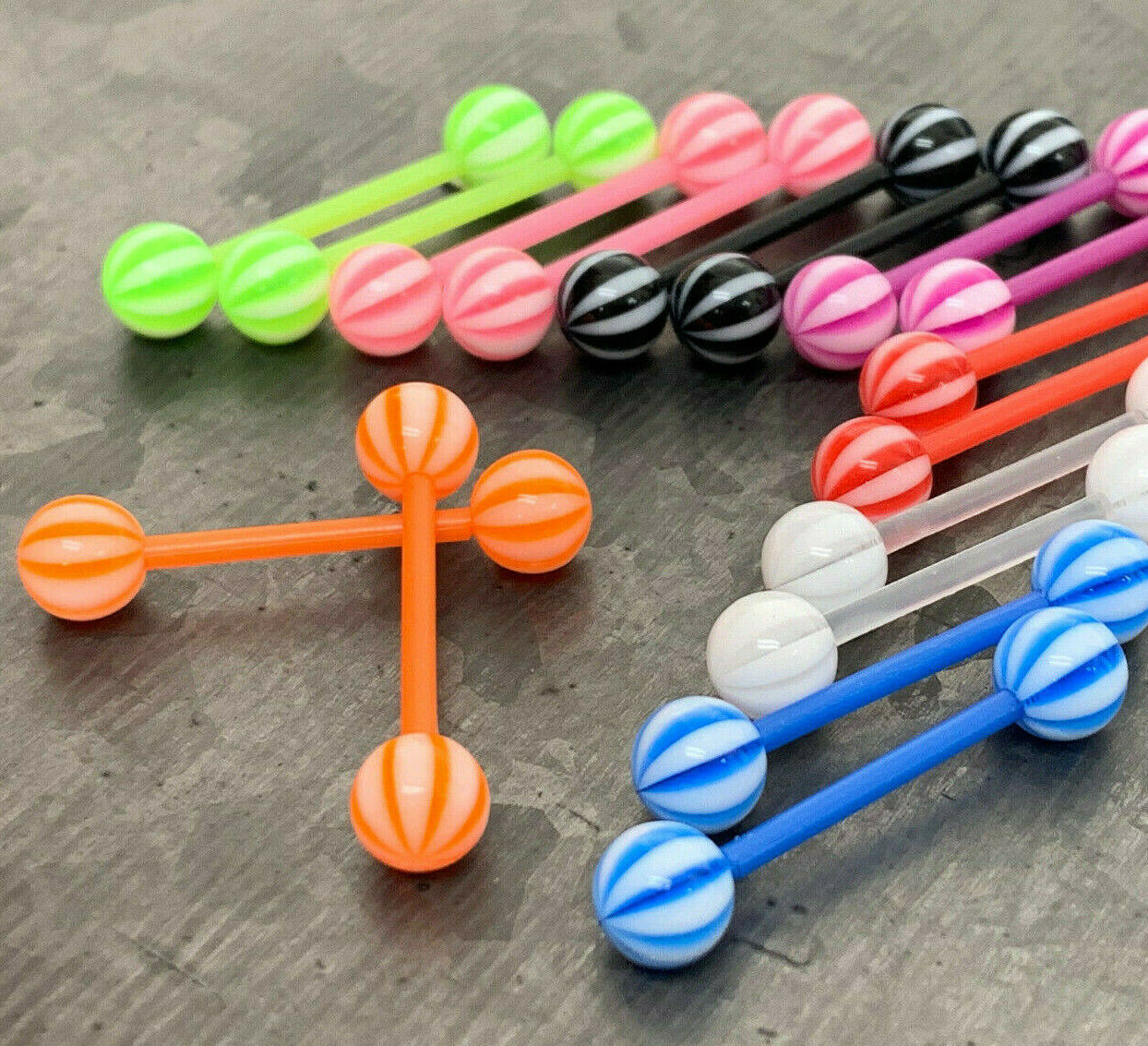 8 PAIR Bulk Pack Candy Stripe Beach Ball Nipple Barbells Rings 14g No Metal