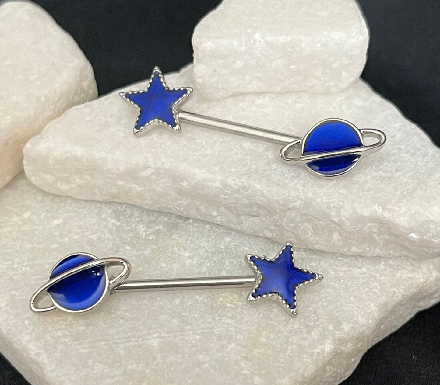 PAIR Saturn & Star Nipple Rings Shields Surgical Steel Barbells Galaxy Planet