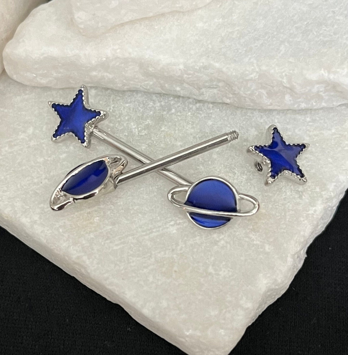 PAIR Saturn & Star Nipple Rings Shields Surgical Steel Barbells Galaxy Planet