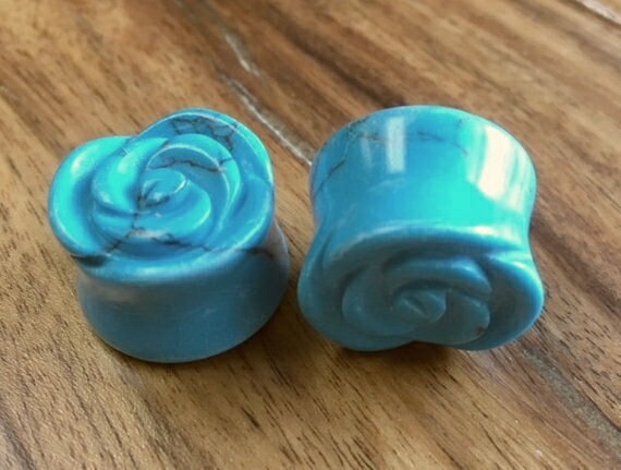 PAIR of Beautifully Carved Rose Flower Organic Blue Turquoise Stone Double Flare Plugs - Gauges 2g (6mm) thru 5/8" (16mm)!
