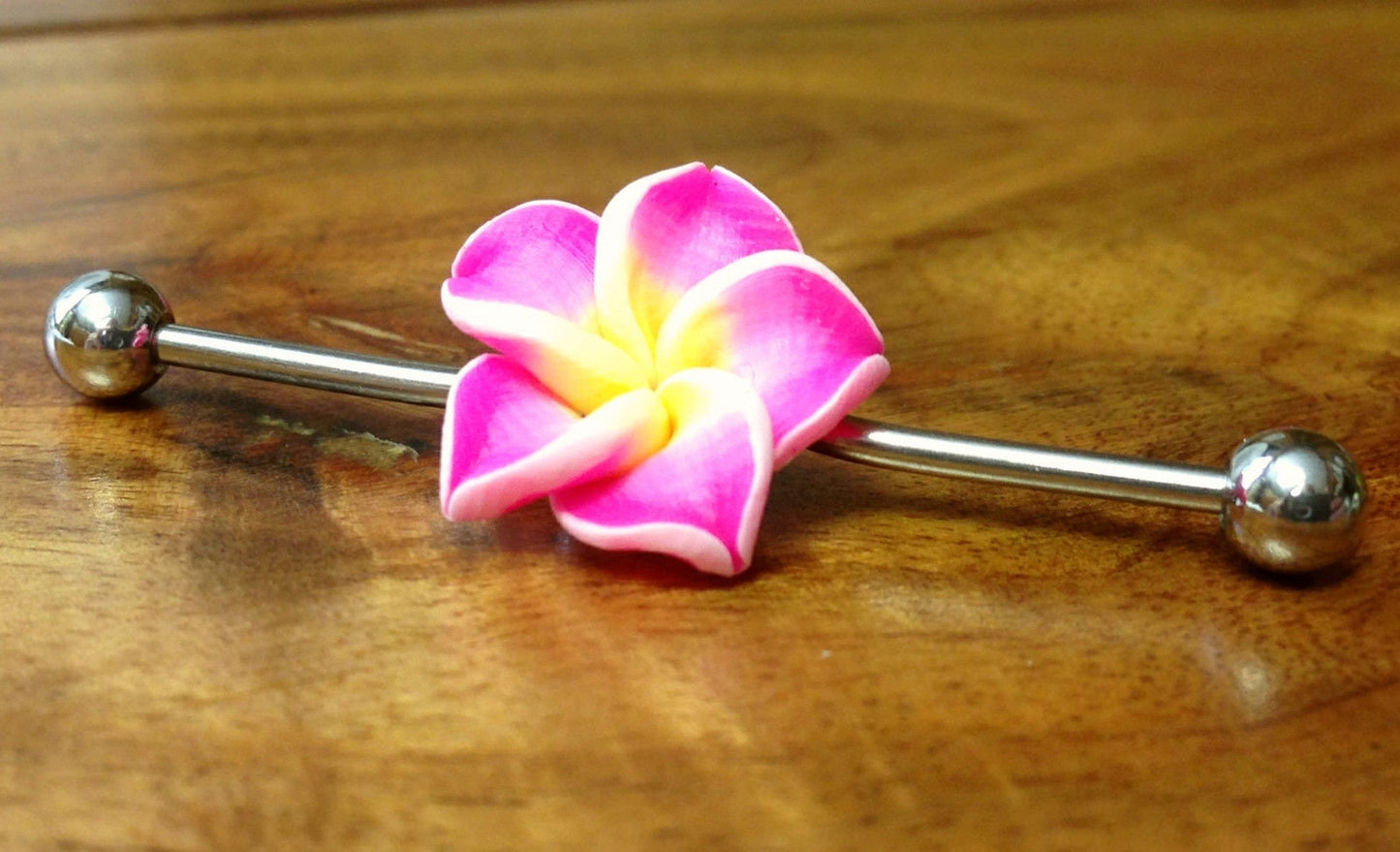 1 Piece Steel Industrial Barbell with Beautiful 3-D Flower - 1&1/2" (38mm) Body Jewelry