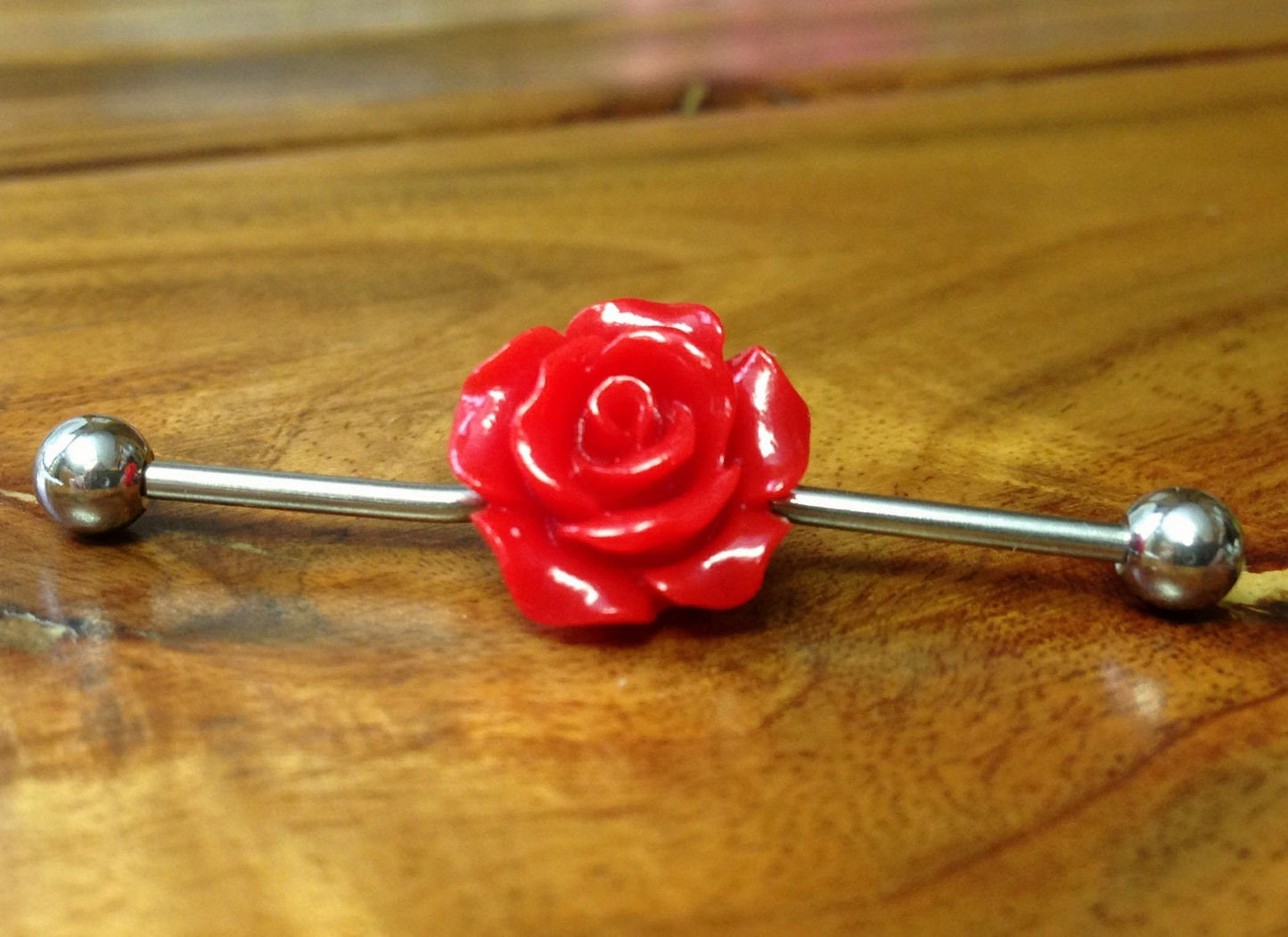 1 Piece Steel Industrial Barbell with Beautiful 3-D Flower - 1&1/2" (38mm) Body Jewelry