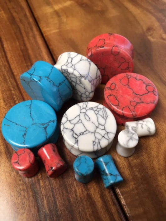 ALL 3 PAIR of Stunning Blue & Red Turquoise, White Howlite Stone Plugs - Double Flare - Gauges 8g thru 1"