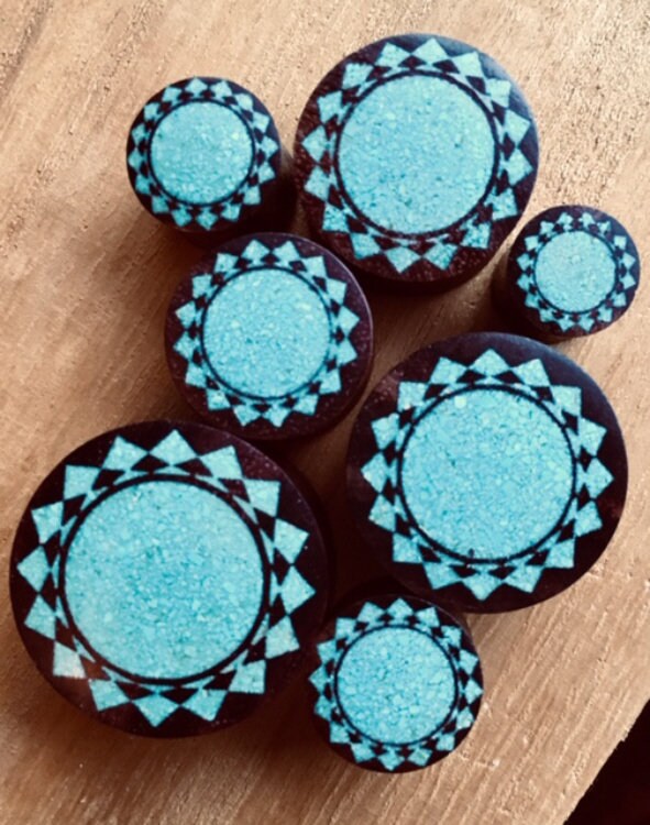PAIR of Crushed Turquoise Tribal Sunburst Inlaid Sono Wood Saddle Plugs - Gauges 00g (10mm) through 1" (25mm) available