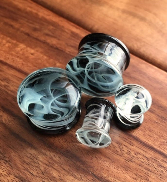 PAIR of Swirling Smoke Style Pyrex Glass Double Flare Plugs - Gauges 2g (6mm) through 5/8" (16mm) available!