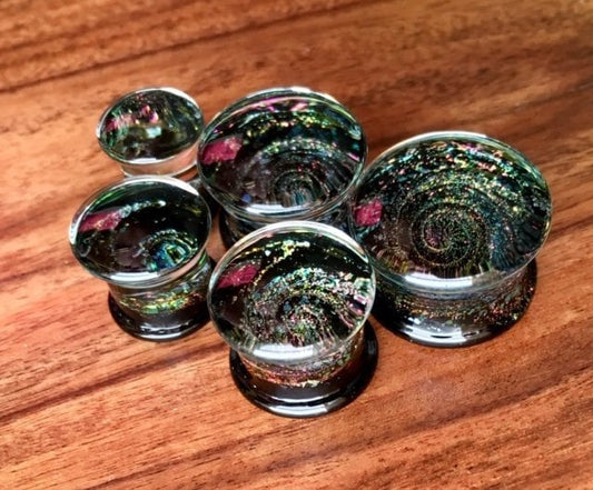 PAIR of Beautiful Sparkle Galaxy Pyrex Glass Double Flare Plugs - Gauges 0g (8mm) through 5/8" (16mm)