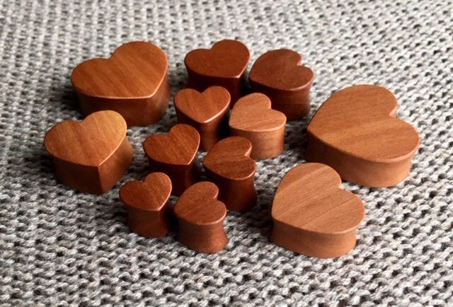 PAIR of Heart Organic Red Cherry Wood Plugs - Gauges 0g (8mm) to 1"(25mm) available!