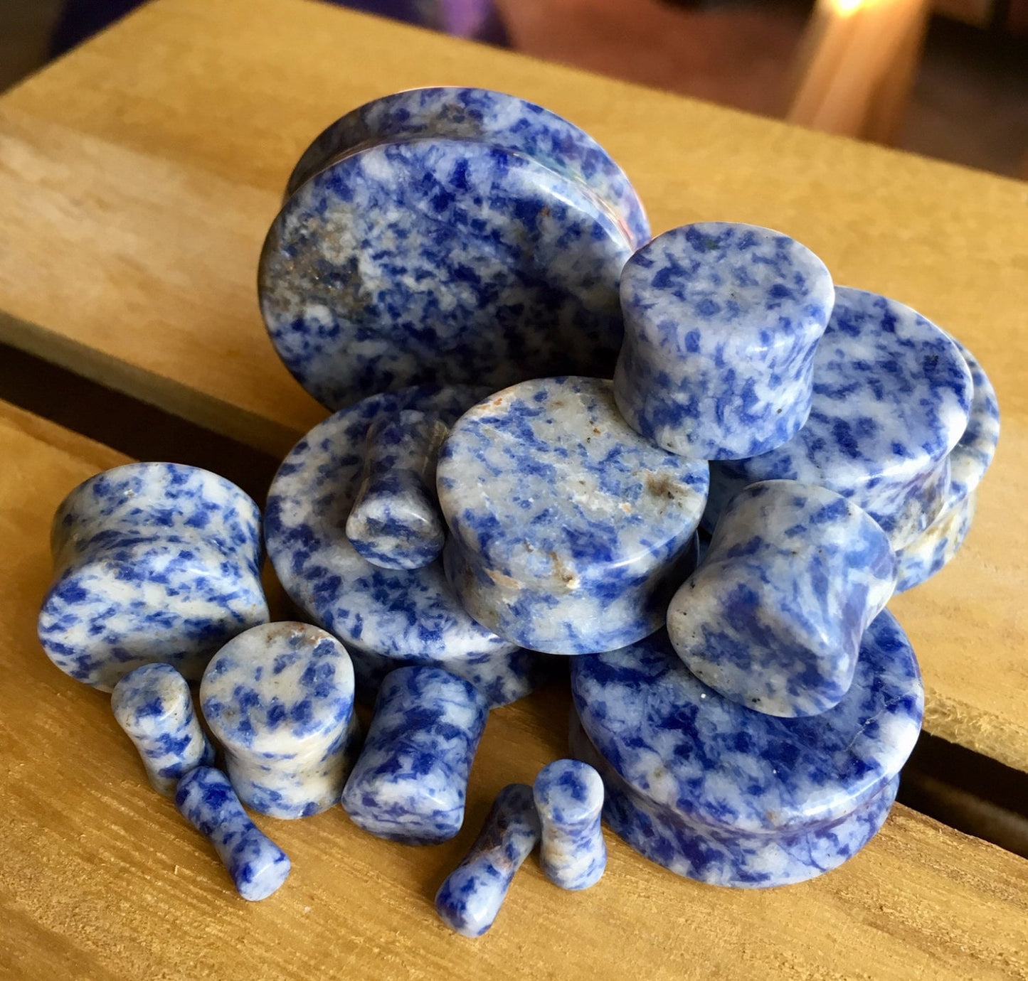 PAIR of Beautiful Blue Spot Jasper Organic Stone Double Flare Plugs - Gauges 8g (3mm) up to 1&1/2" (38mm) available!