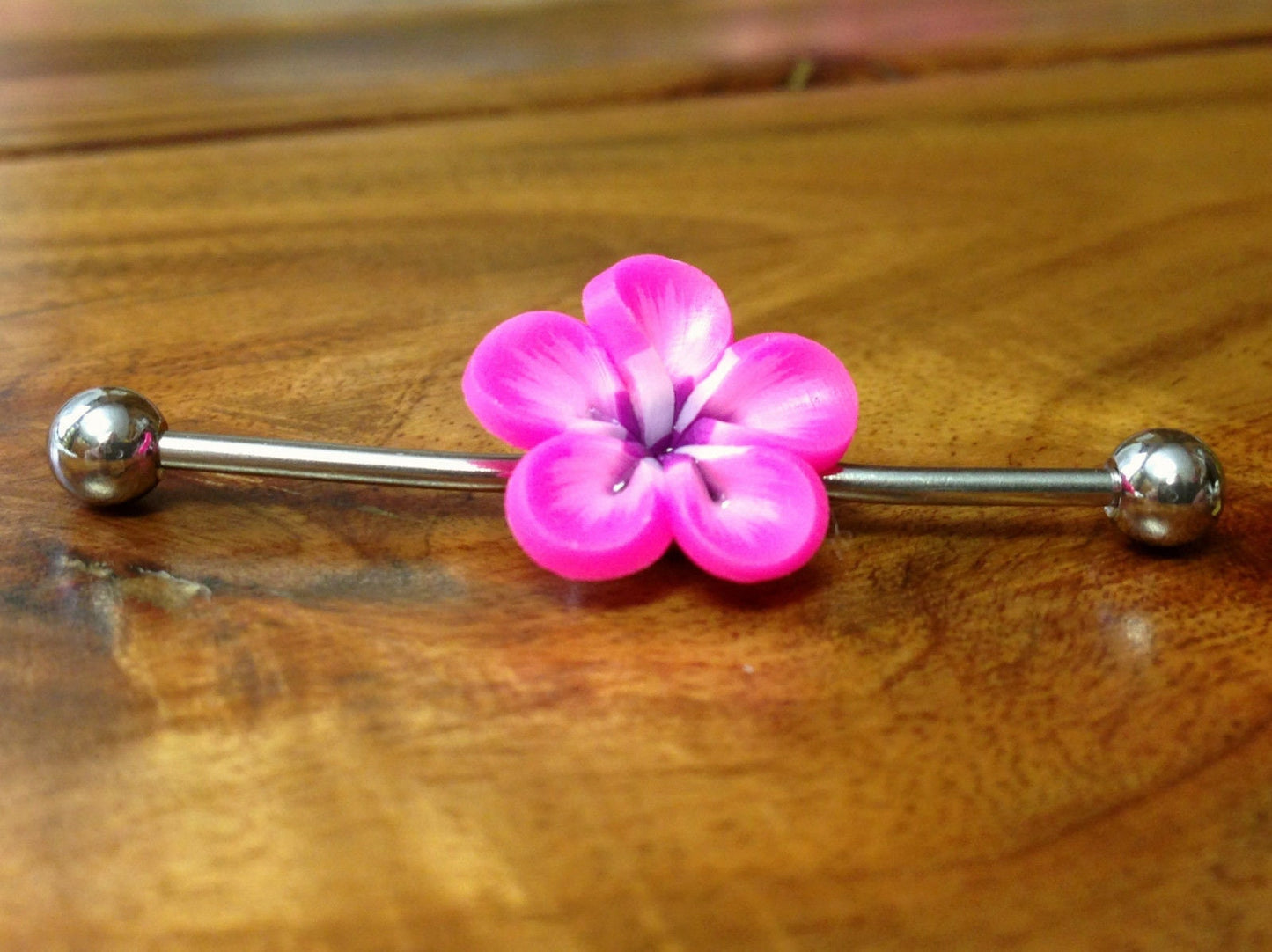 1 Piece Steel Industrial Barbell with Beautiful 3-D Flower - 1&1/2" (38mm) Body Jewelry