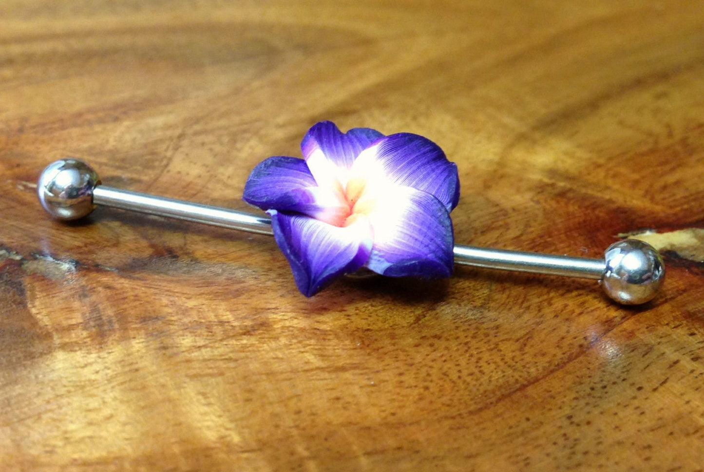 1 Piece Steel Industrial Barbell with Beautiful 3-D Flower - 1&1/2" (38mm) Body Jewelry
