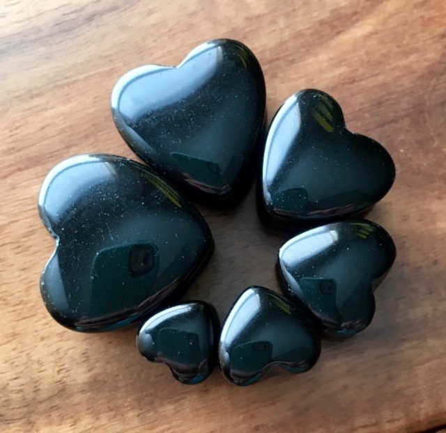PAIR of Organic Heart Shaped Black Onyx Stone Plugs - Gauges 2g thru 5/8"
