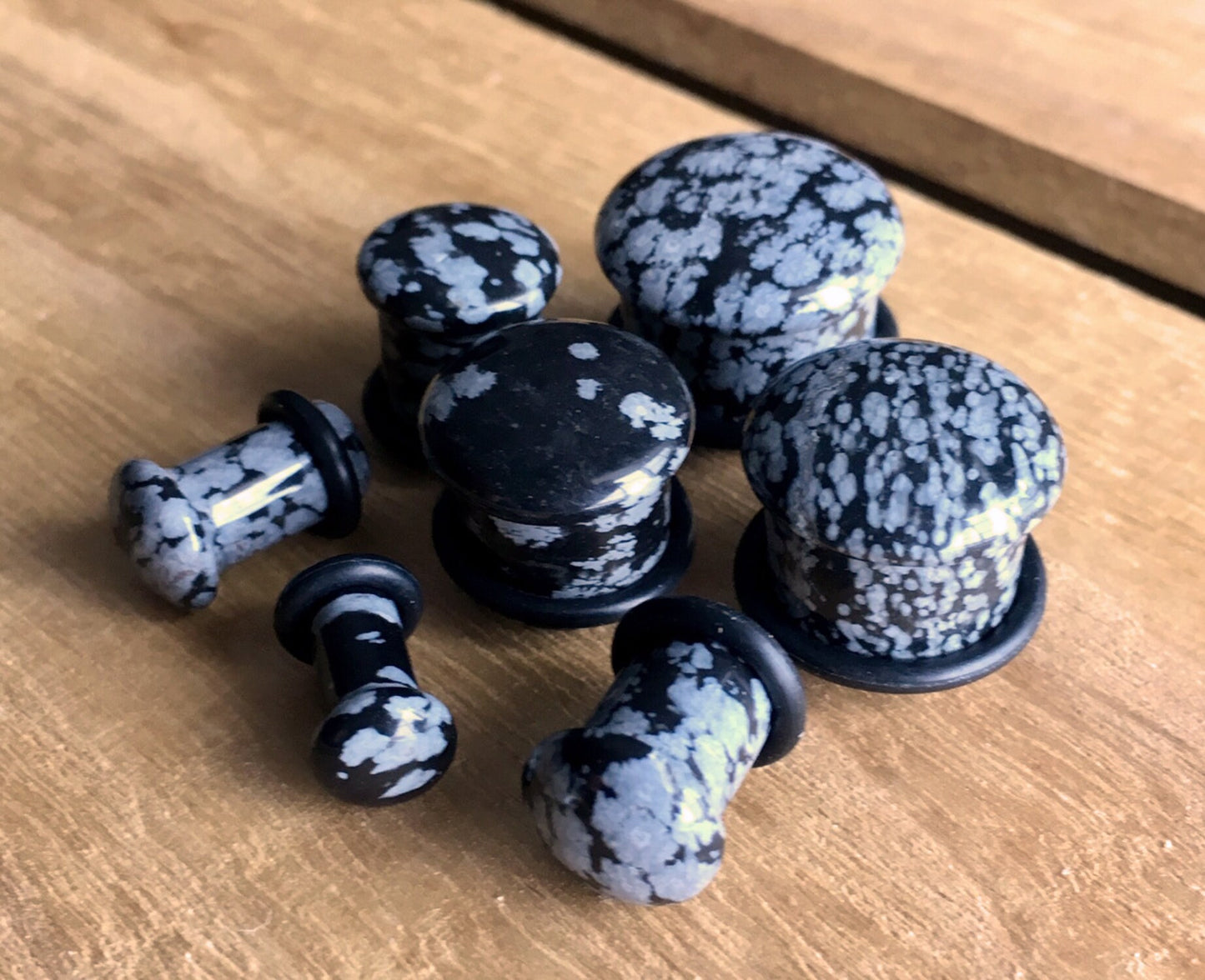 PAIR of Single Flare Snowflake Obsidian Organic Stone Plugs with O-Rings - Gauges 4g (5mm) up to 5/8" (16mm) available!