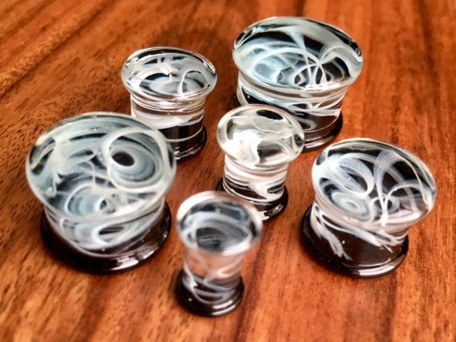 PAIR of Swirling Smoke Style Pyrex Glass Double Flare Plugs - Gauges 2g (6mm) through 5/8" (16mm) available!