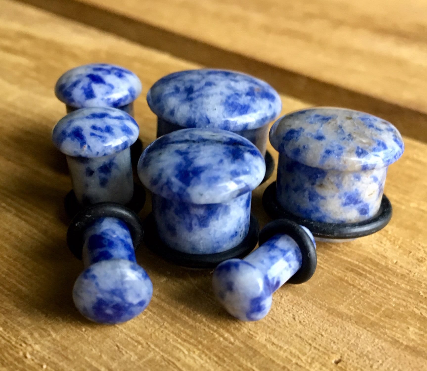 PAIR of Organic Blue Spot Jasper Single Flare Stone Plugs with O-Rings - Gauges 4g (5mm) up to 5/8" (16mm) Available!