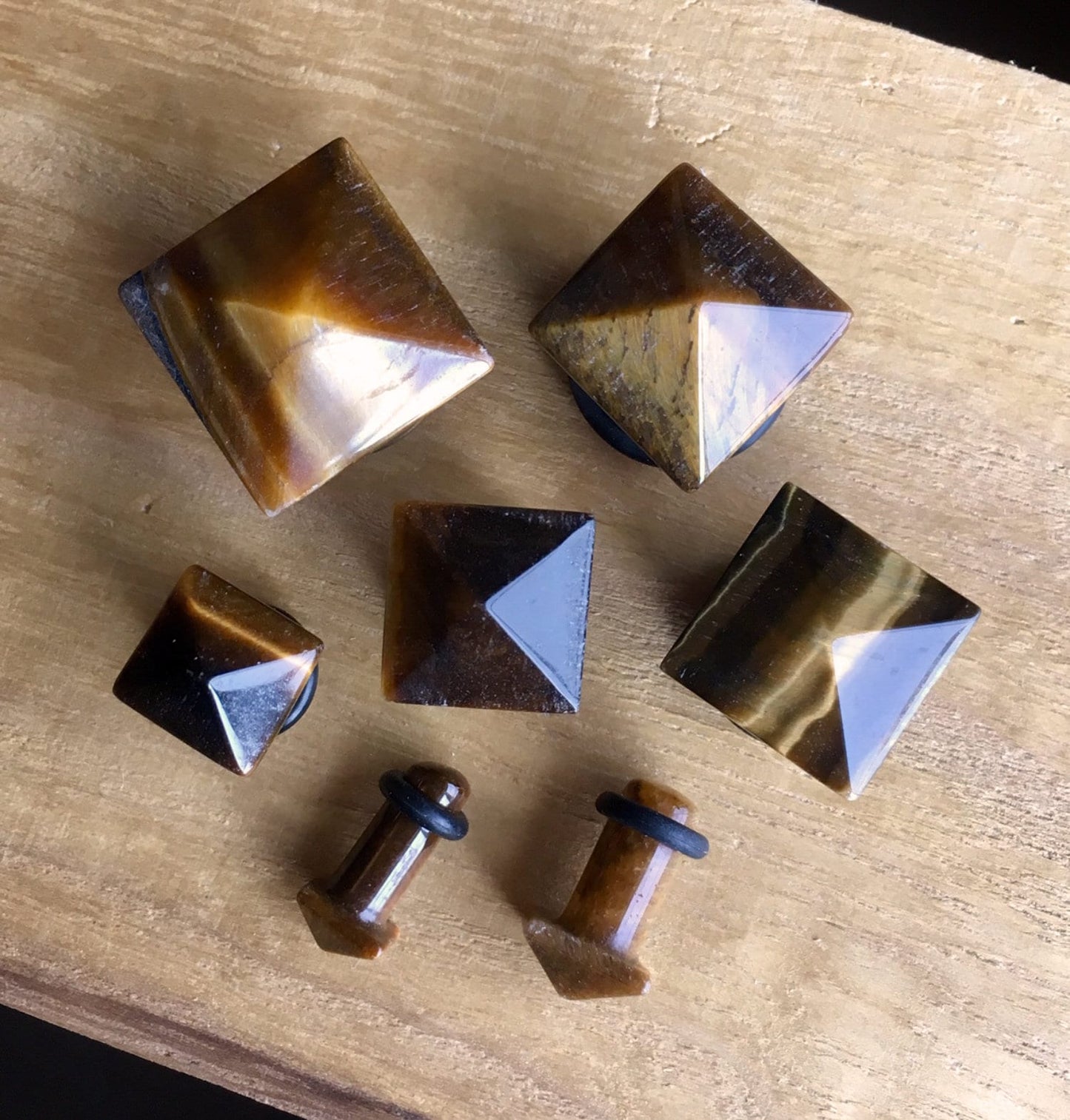 PAIR of Tiger Eye Stone Pyramid Single Flare Plugs with O-Rings - Gauges 4g (5mm) up to 5/8" (16mm) available!