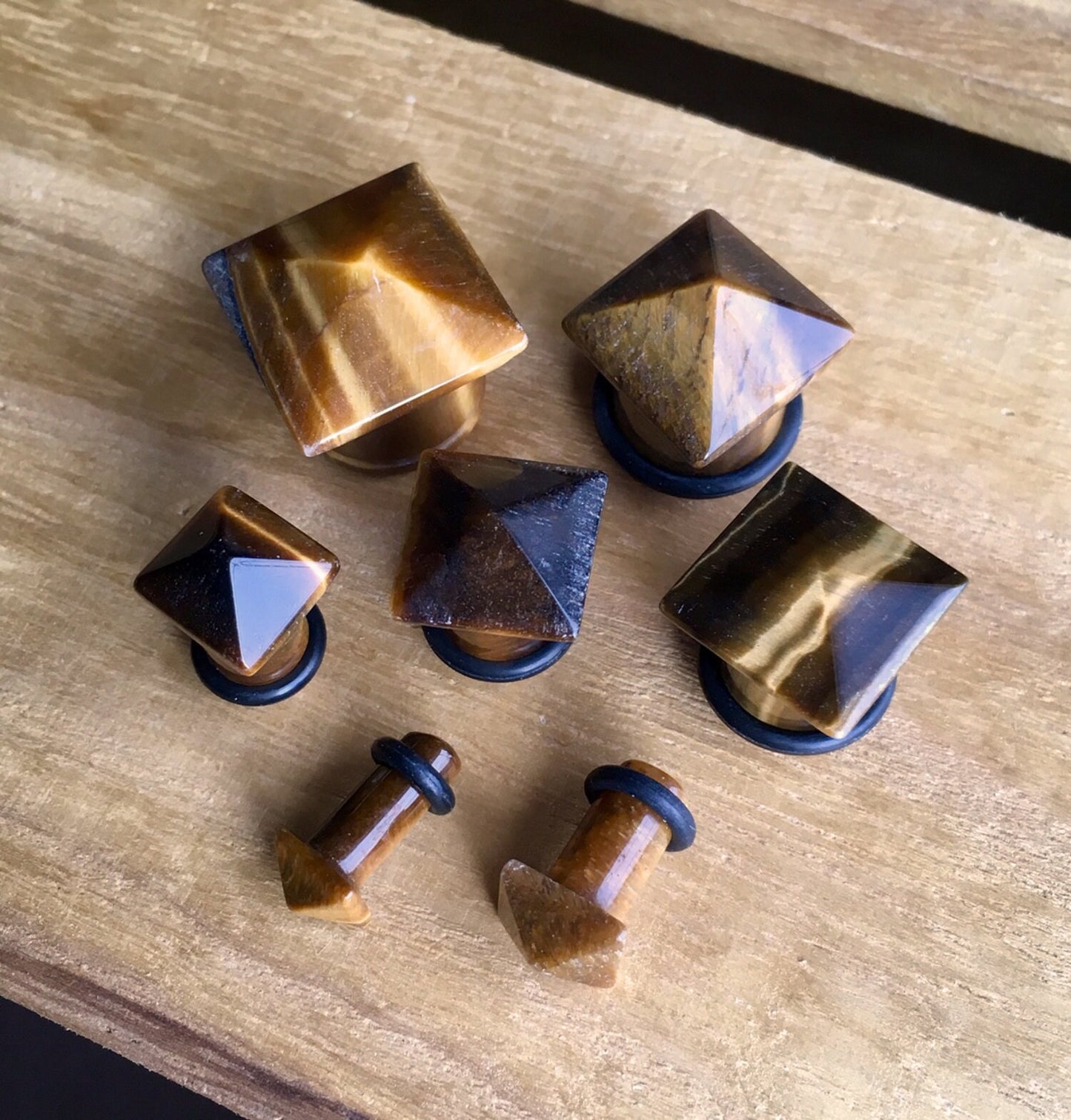 PAIR of Tiger Eye Stone Pyramid Single Flare Plugs with O-Rings - Gauges 4g (5mm) up to 5/8" (16mm) available!