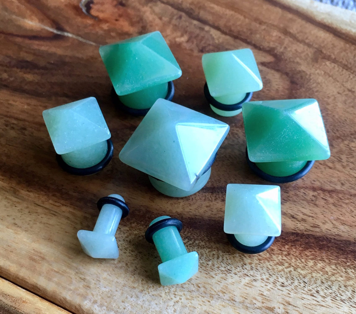 PAIR of 12mm (1/2") Green Aventurine Stone Pyramid Single Flare Plugs with O-Rings - only 1/2" left!