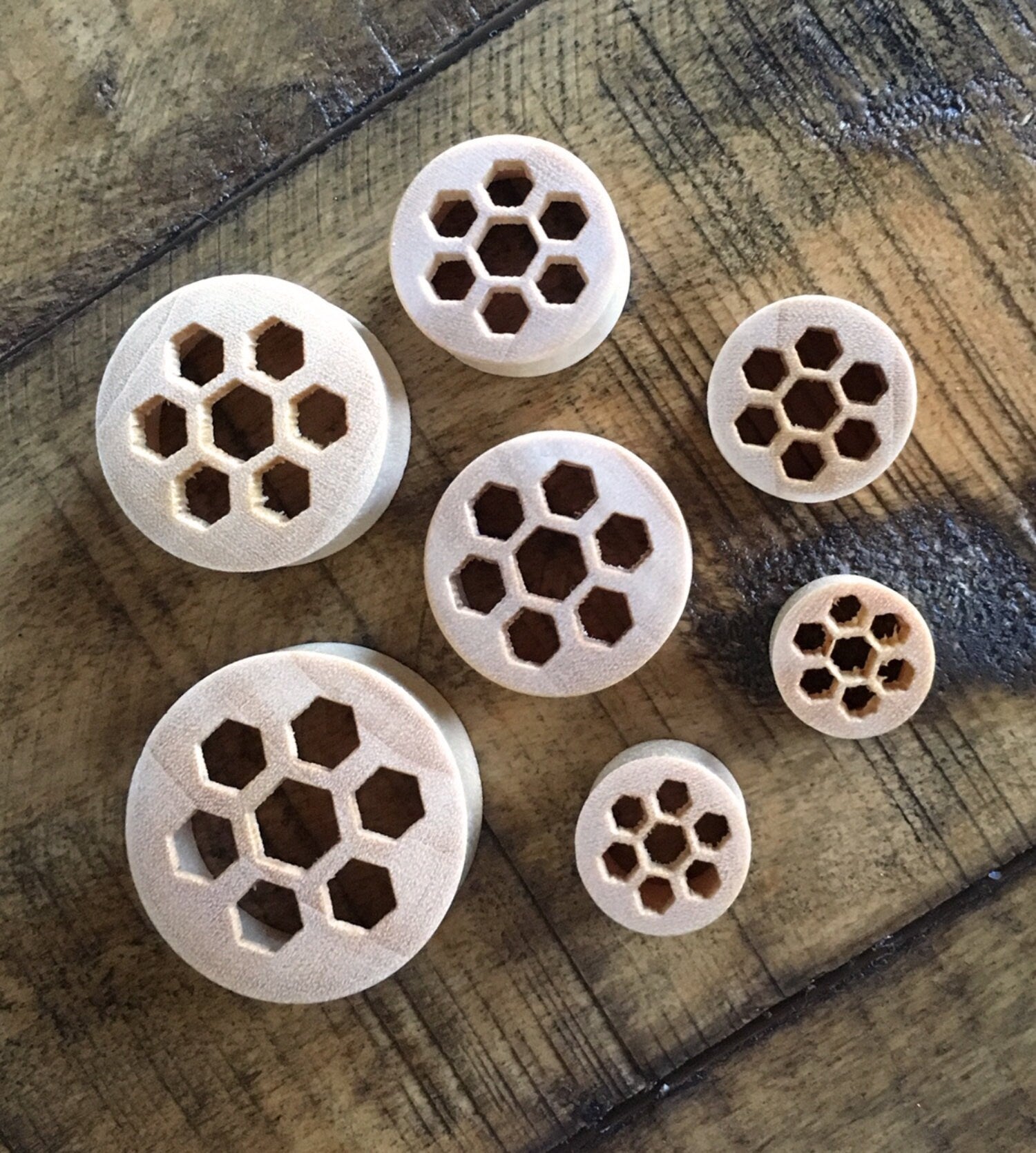 PAIR of Organic Honeycomb Cut Out Blonde Crocodile Wood Saddle Plugs - Gauges 00g (10mm) up to 1" (25mm) available!
