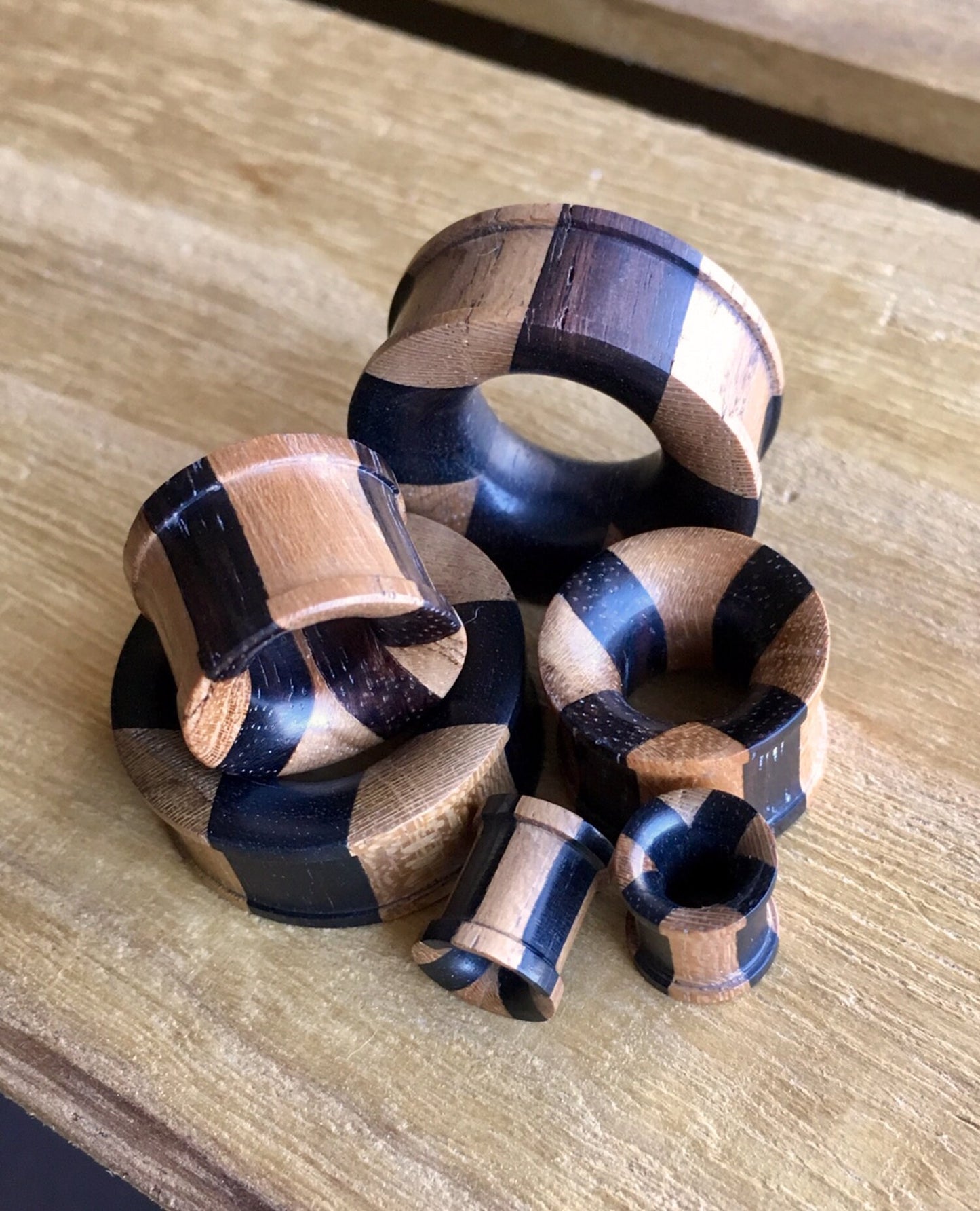 PAIR of Stunning Organic 14mm (9/16") Jati & Black Areng Wood Concave Tunnels - only 14mm left!
