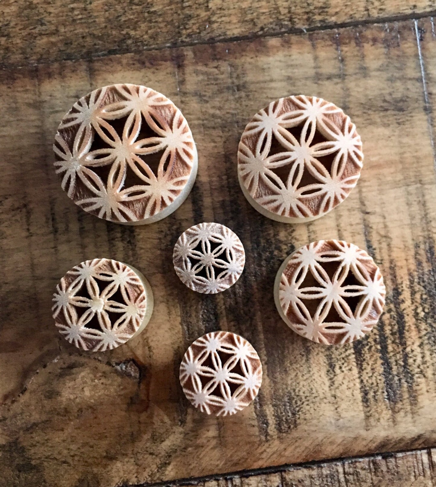 PAIR of Stunning Flower of Life Center Cut Out Blonde Crocodile Wood Saddle Plugs - Gauges 1/2" (12mm) up to 1" (25mm) available!