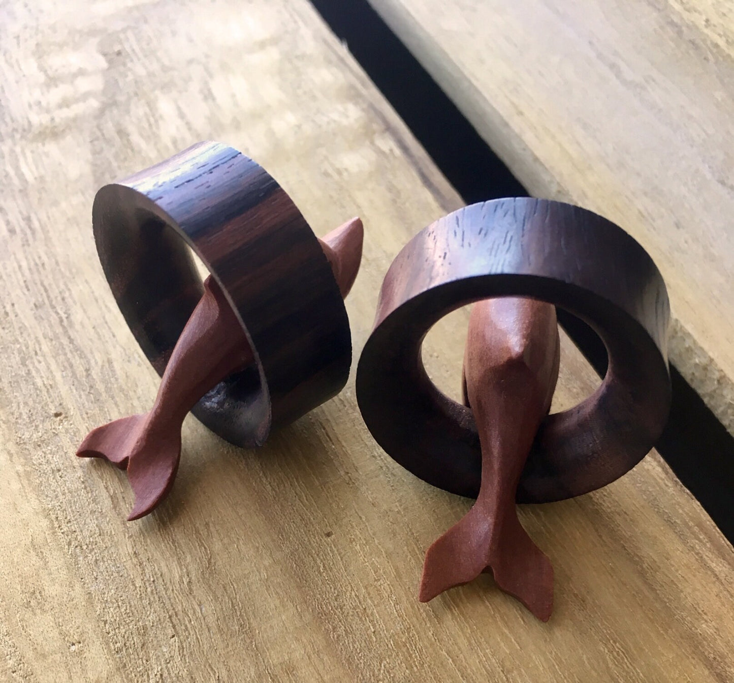 PAIR of Stunning Dolphin Hand Carved Saba and Sono Wood Saddle Tunnels - Gauges 3/4" (19mm) thru 1&3/8" (35mm) available!