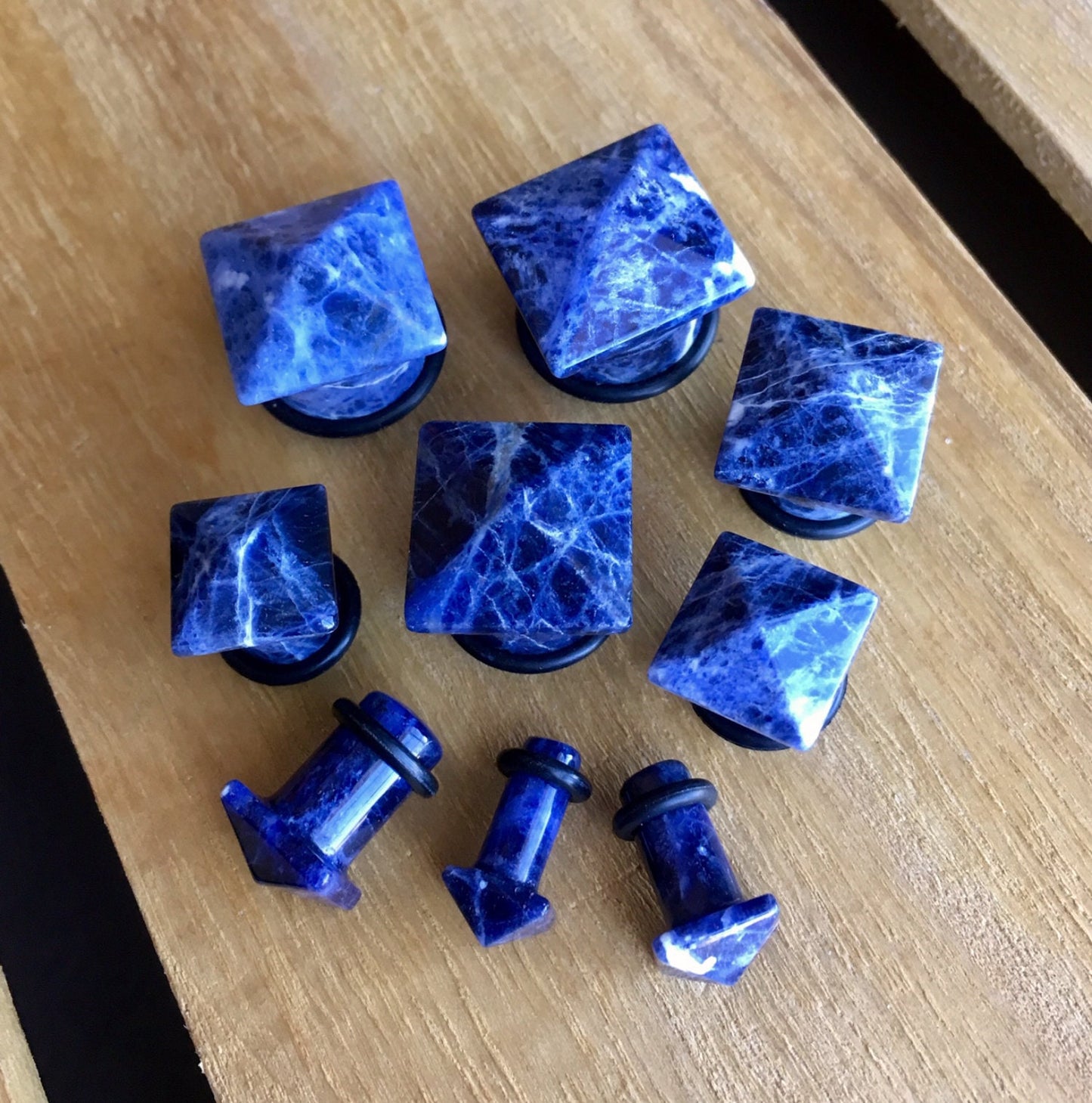 PAIR of Beautiful Organic Sodalite Stone Pyramid Single Flare Plugs with O-Rings - Gauges 4g (5mm) up to 5/8" (16mm) available!