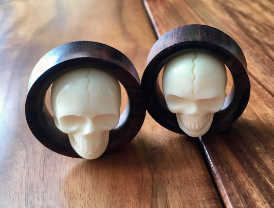 PAIR of Unique Organic Carved Bone Skull Inside a Sono Wood Double Flare Saddle Tunnels - Gauges 3/4" (19mm) thru 1&3/8" (35mm) available!
