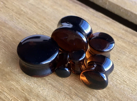 PAIR of Stunning Smoke Topaz Glass Double Flare Plugs - Gauges 2g (6mm) through 5/8" (16mm) available!