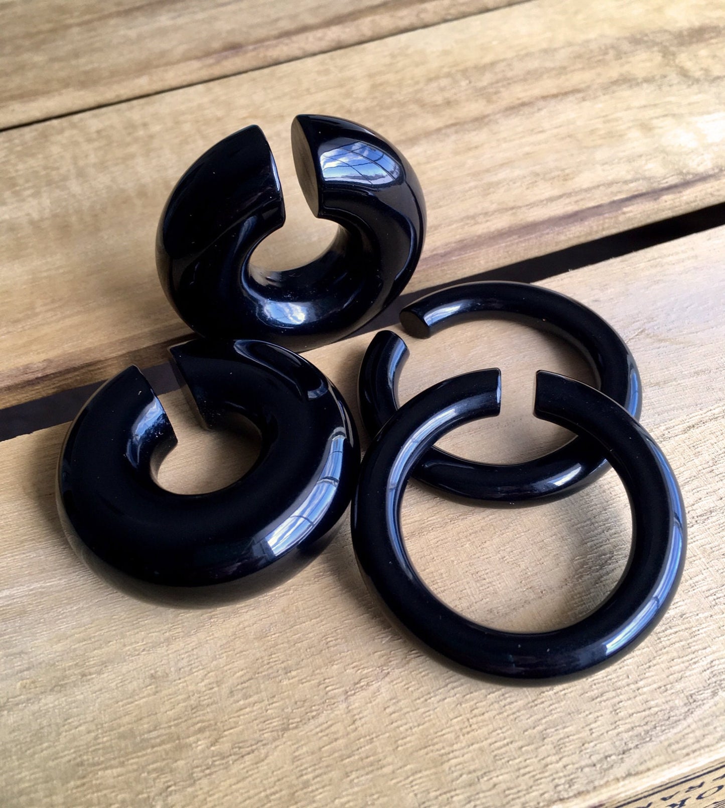 PAIR of Unique Organic Black Onyx Stone Hoops Ear Weight Hanging Plugs - Gauges 4g (5mm) up to 5/8" (16mm) available!