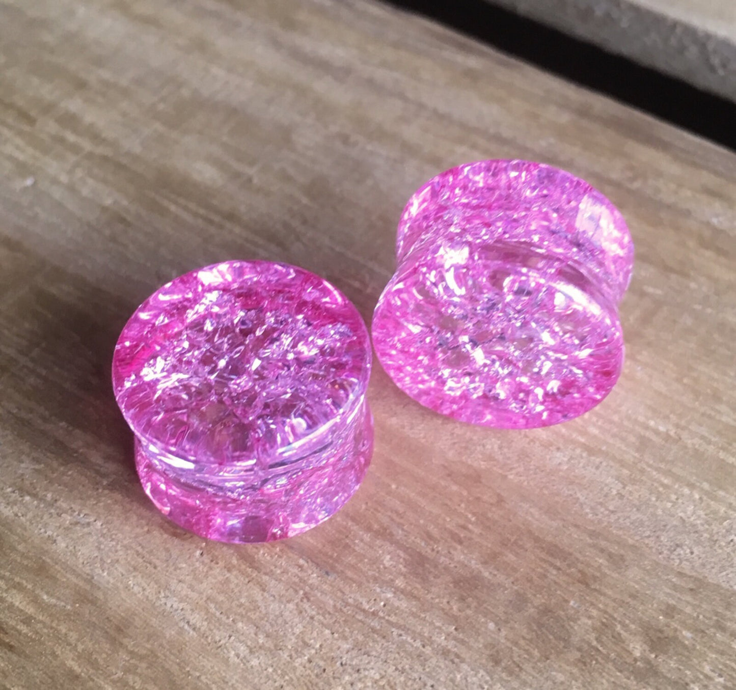 PAIR of Unique Cracked Pink Glass Double Flare Plugs - Gauges 2g (6mm) through 5/8" (16mm) available!