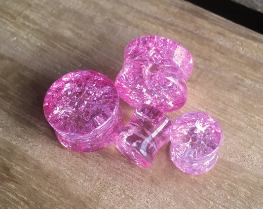 PAIR of Unique Cracked Pink Glass Double Flare Plugs - Gauges 2g (6mm) through 5/8" (16mm) available!