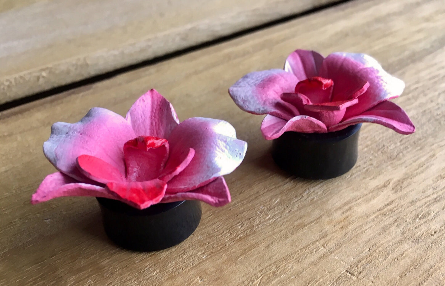 PAIR of Unique Pink Magnolia Leather Flower with Horn Plugs - Gauges 0g (8mm) up to 1&1/4" (32mm) available!