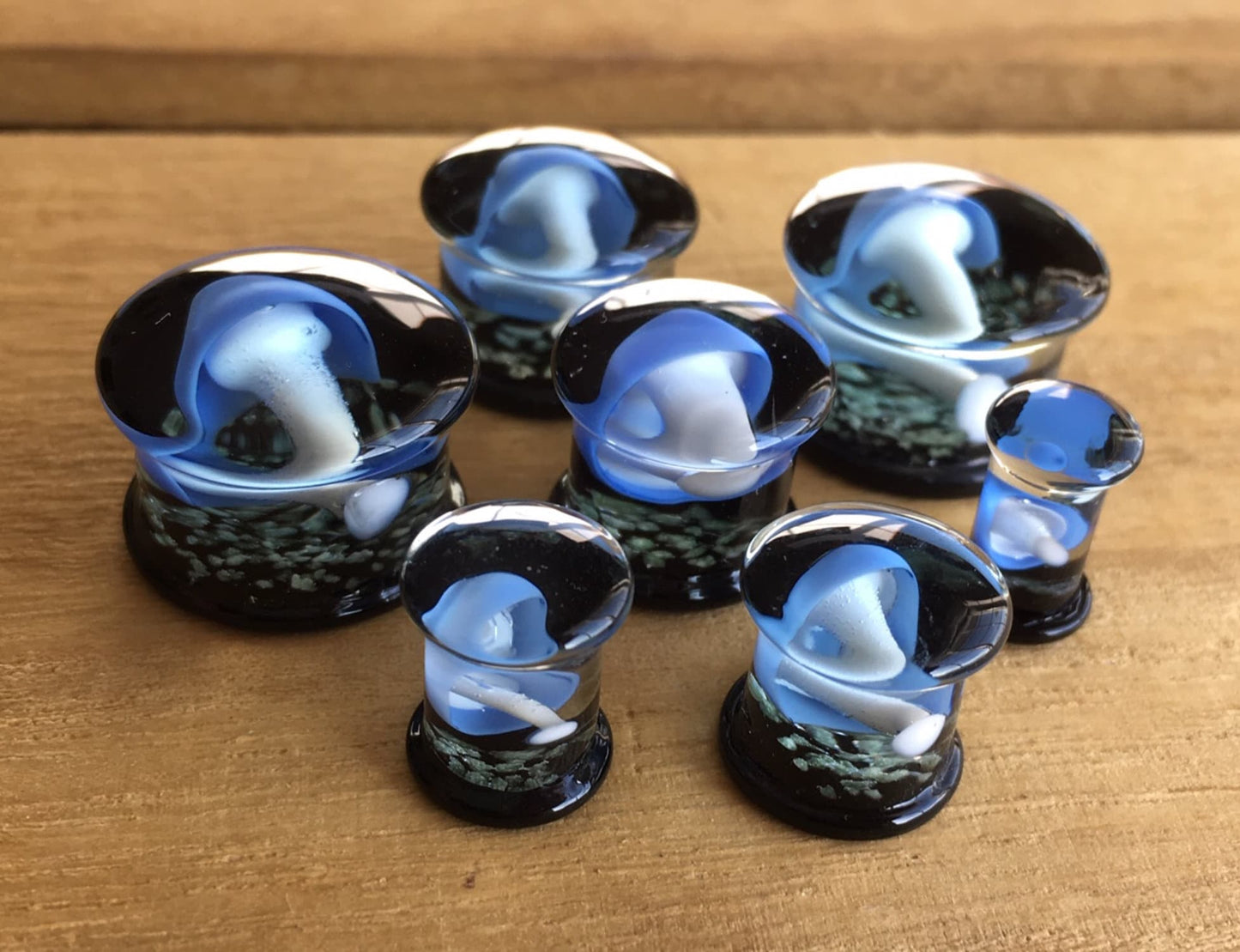 PAIR of Glow in the Dark Floating Mushroom Pyrex Glass Double Flare Plugs - Gauges 2g (6mm) through 5/8" (16mm) available!