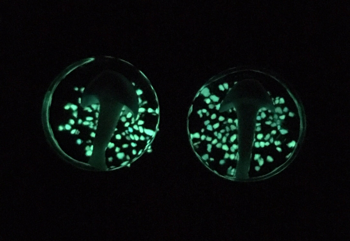 PAIR of Glow in the Dark Floating Mushroom Pyrex Glass Double Flare Plugs - Gauges 2g (6mm) through 5/8" (16mm) available!
