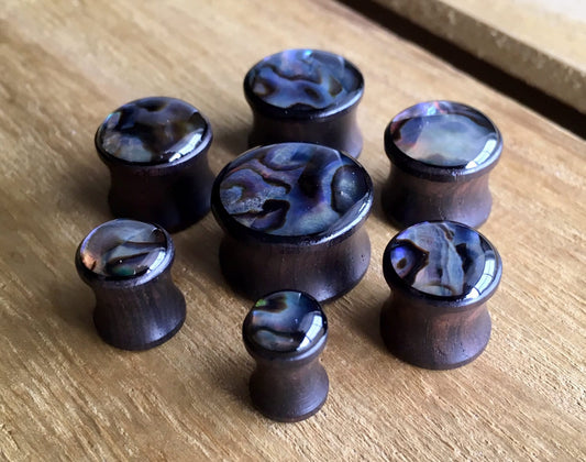 PAIR of Beautiful Organic Abalone Shell Inlaid Sono Wood Saddle Plugs - Gauges 2g thru 5/8" (16mm) available!