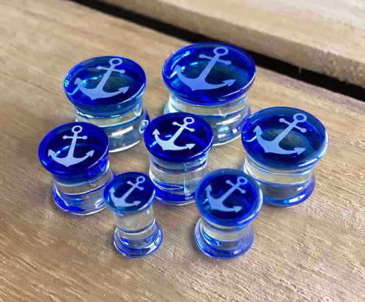PAIR of 5/8" (16mm) Unique Anchor Engraved Blue Pyrex Glass Double Flare Plugs