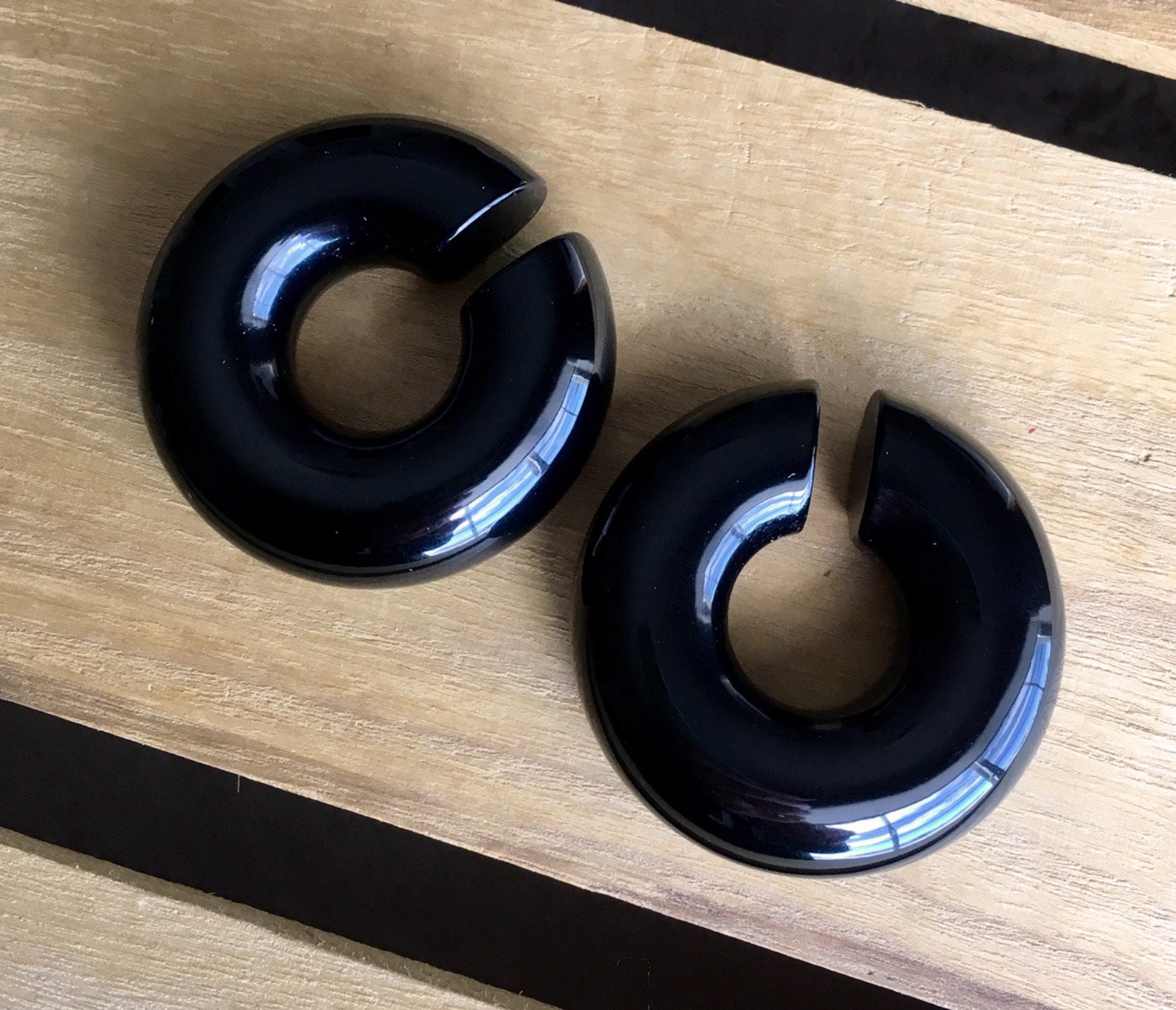 PAIR of Unique Organic Black Onyx Stone Hoops Ear Weight Hanging Plugs - Gauges 4g (5mm) up to 5/8" (16mm) available!