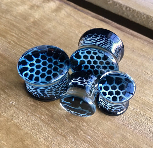 PAIR of Unique Black Honeycomb Design Pyrex Glass Double Flare Plugs - Gauges 2g (6mm) through 5/8" (16mm) available!