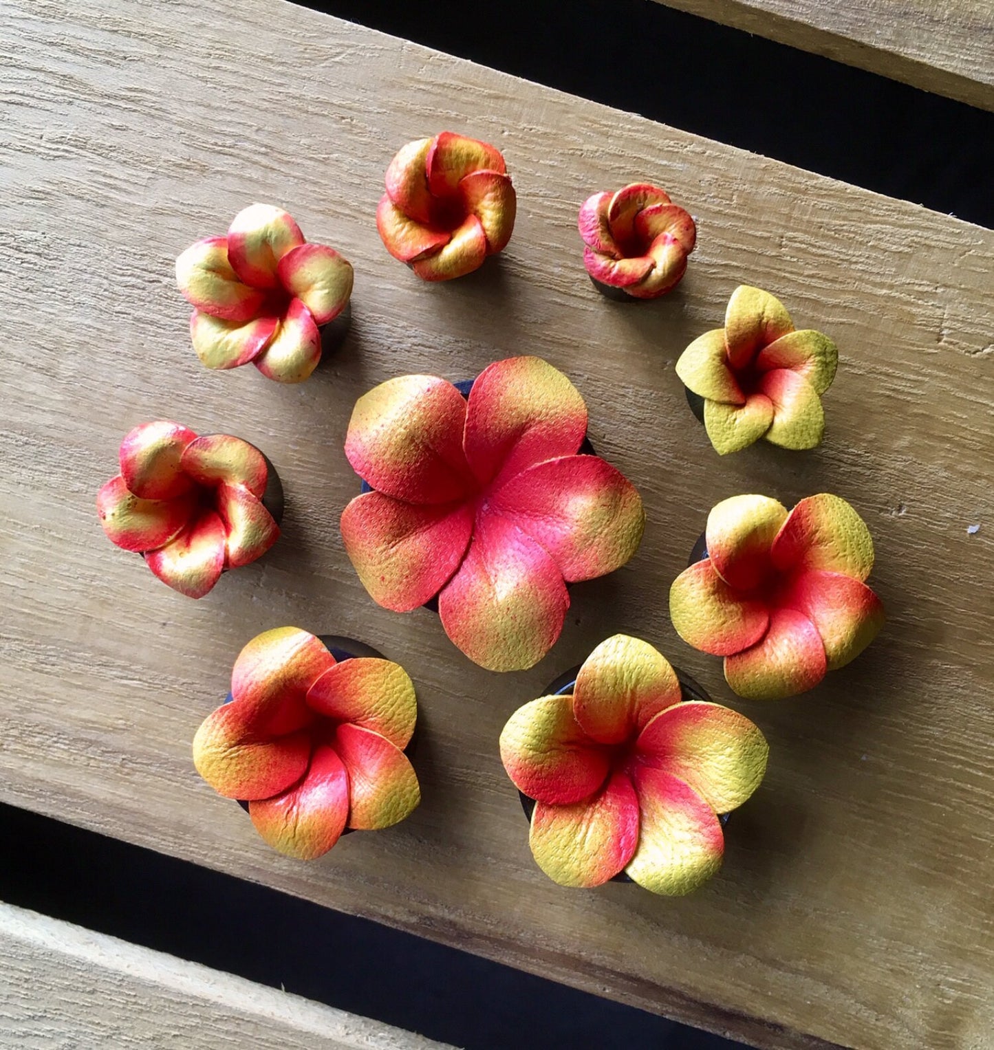 PAIR of Stunning Yellow / Pink Leather Flower & Bone Plugs - Gauges 0g (8mm) up to 15/16" (24mm) available!