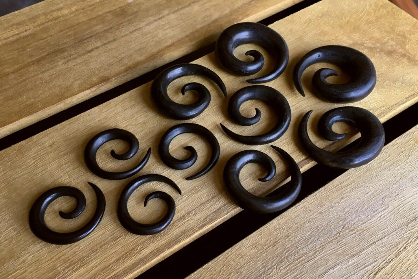 PAIR of Organic Black Areng Wood Spiral Tapers - Gauges 4g (5mm) up to 1/2" (12mm) available!