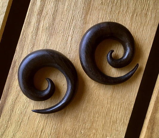 PAIR of Organic Black Areng Wood Spiral Tapers - Gauges 4g (5mm) up to 1/2" (12mm) available!