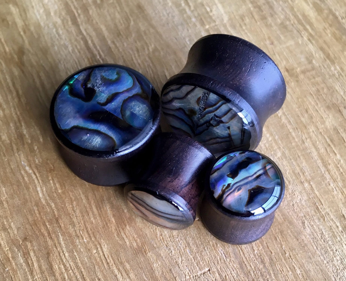 PAIR of Beautiful Organic Abalone Shell Inlaid Sono Wood Saddle Plugs - Gauges 2g thru 5/8" (16mm) available!