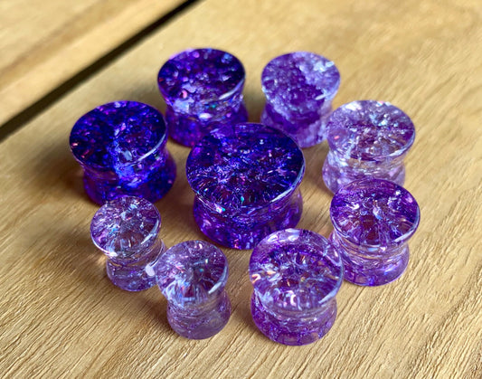 PAIR of Stunning Purple Cracked Glass Double Flare Plugs - Only size 14mm available!