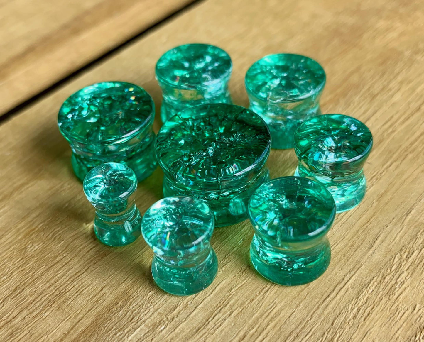 PAIR of Beautiful Green Cracked Glass Double Flare Plugs - Gauges 2g (6mm) through 5/8" (16mm) available!