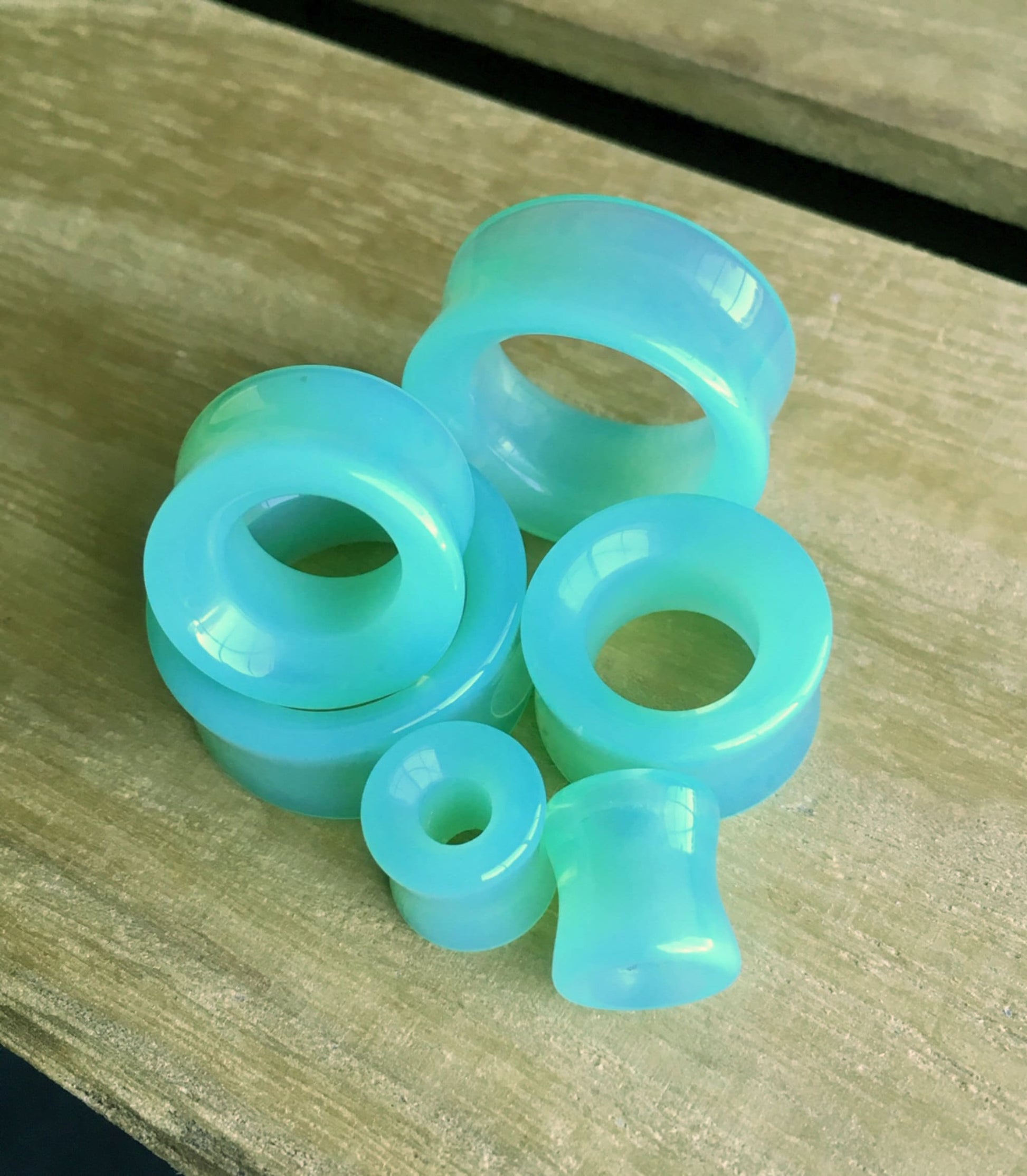 PAIR of Stunning Green Opalite Glass Double Flare Tunnels - Gauges 0g (8mm) thru 1" (25mm) available!