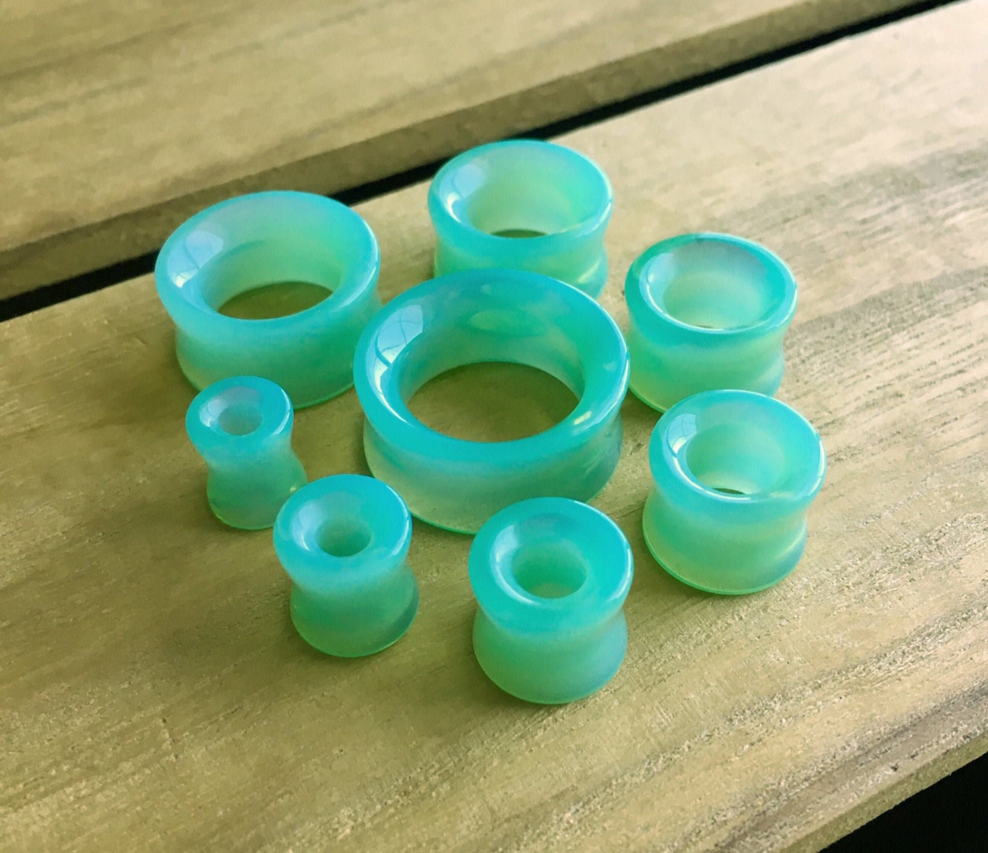 PAIR of Stunning Green Opalite Glass Double Flare Tunnels - Gauges 0g (8mm) thru 1" (25mm) available!